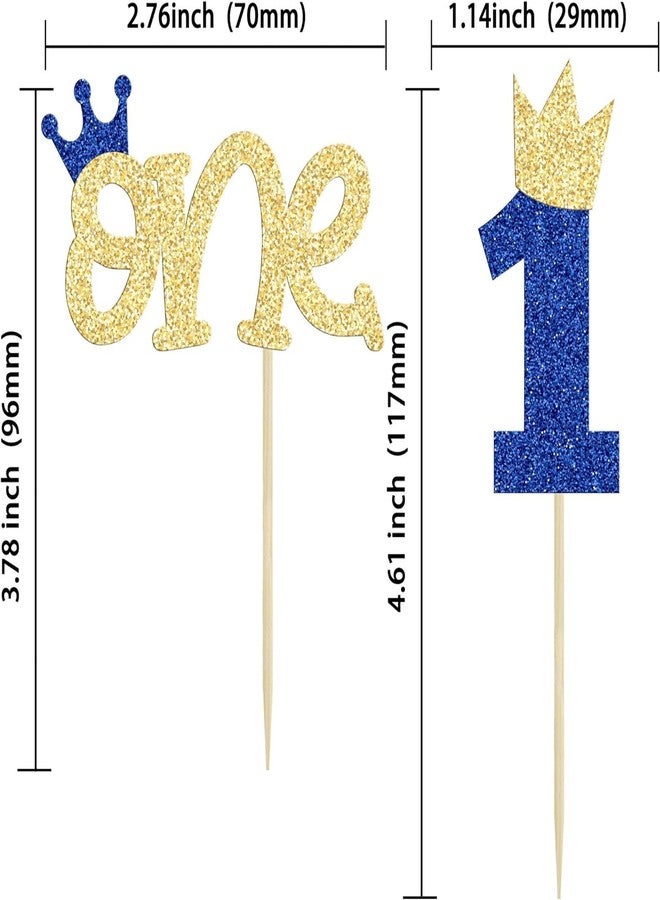 كونفيتي العنوان: 24 قطعة من زينة الكب كيك البراقة لعيد الميلاد الأول - تاج لامع لتزيين الكيك - مثالية لحفلات استقبال المولود الجديد واحتفالات عيد الميلاد الأول - أزرق وذهبي - Image 2